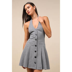 Lulus Posh Attraction Grey Pinstriped Button-front Halter Mini Dress - Size XL
